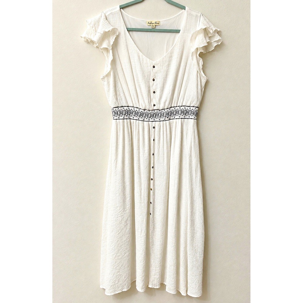 IndigoRose White Smocked Waist Midi Dress Womens PXL Flutter Sleeve Boho Button⁠